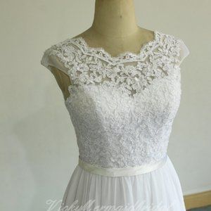 Ivory A Line Chiffon Lace wedding dress with scallop open back